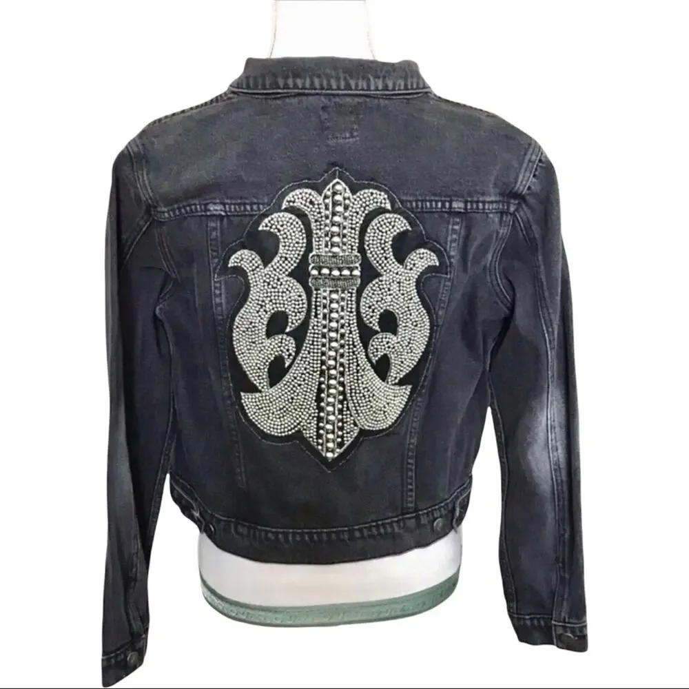 MinkPink NWT Demin Jacket Cotton Embellished Silver Beaded Fleur de Lis - Picture 5 of 8